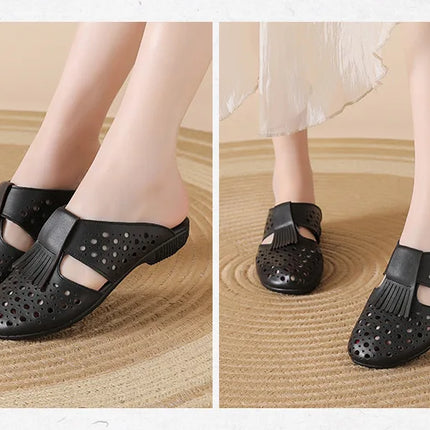 New Women's Breathable Perforated Leather Mules Vintage Tassel Slip on Flats Woman Casual Summer Shoes Hollow Slippers Outdoor