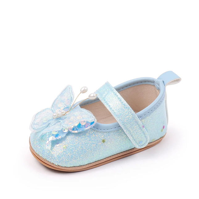 Shiny 3D Butterfly Princess Dress Shoes for Baby Girl Glitters Flats Non-Slip Crib Shoes Walking Shoes for Toddlers Infants