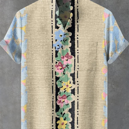 New Men's Linen Summer Shirt Men's Short Sleeve Shirt Pattern Irregular Art Flower Print Clothing Casual Shirt