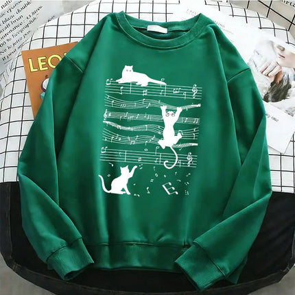 Japanese Style Music Cat Womens Solid Hoodies Basic Warm Fleece Sweatshirt Soft Streetwear O-Neck Pullover Casual Female Clothes