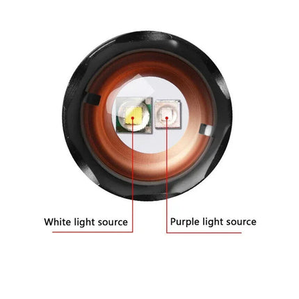 2 In 1 Ultraviolet Flashlight Purple White Dual Light Zoomable Torch Built in Battery Recharge Scorpion Hunting UV Flashlights