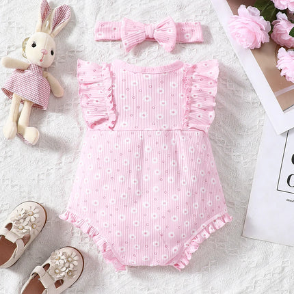 2PCS Summer Baby Girl Jumpsuit with Round Neck Butterfly Sleeve Design, Cute Sweet and Lively Princess Style Newborn Jumpsuit
