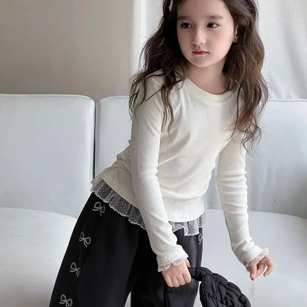 Girls Lace T-shirt 2024 Autumn New Slim Fit Girl Top Children Stylish Versatile High Elasticity Knitted Sweater