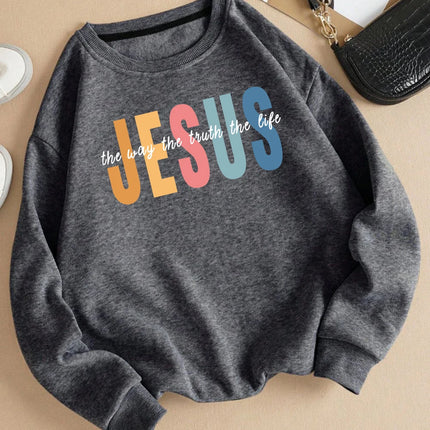 Jesus Color Letter Creative Print Women Sweatshirt Soft Fleece Pullover All-Match Y2K Loose Clothes Autumn Casual Streetwear