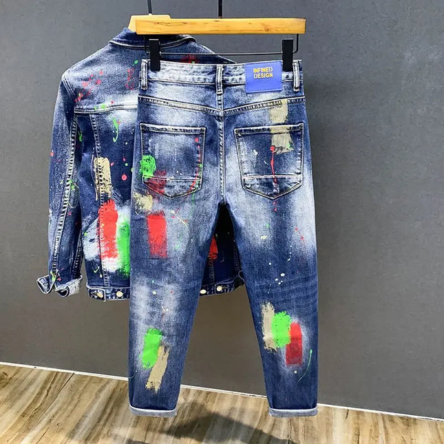 Luxury Brand 2025 Printing Graffiti Jeans Men's Fashion Ripped Spray Paint Pants Ruffian Handsome Punk Streetwears Pants Man