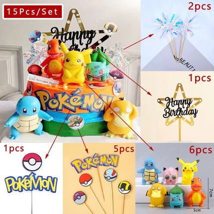 15Pcs/set Pokemon Cake Topper Pikachu Anime Figure Party Happy Birthday Pokemon Cake Decoration Supplies Boy Ornaments Kids Gift