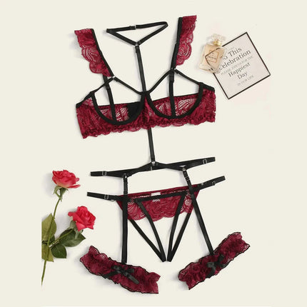 Sexy Fashion Lace Lingerie Underwear Sleepwear Steel Ring Pajamas Garter Women Intimates Underwear Bra Panties Set Lingerie
