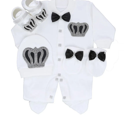 Dollbling Royal Bling Jewelry Crown Gift Clothing Sets Welcome Home Baby Rompers Mittens Bonnet Pajamas Outfit 4pcs Layette