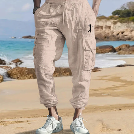 Men's Cotton Linen Blend Cargo Jogger Pants, Elastic Waist Drawstring Trousers with Side Pockets for Summer Casual Daily Outdoor