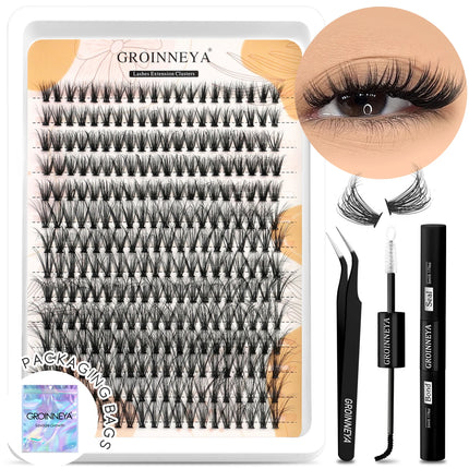 GROINNEYA Lash Clusters Kit Fluffy Volume Eyelash Clusters D Curl Cluster Eyelash Extensions 3D Wispy Lashes Clusters Makeup