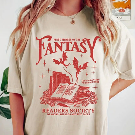Women's Fantasy Readers Society Graphic T-Shirt Casual Round Neck Short Sleeve Tee with Slight Stretch Book Lovers Casualwear