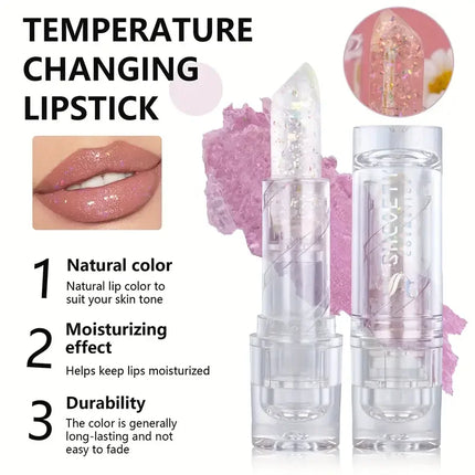 3Color Glitter Color-Changing Lip Balm,Anti-Drying and Long-Lasting Moisturizing Lip Oil, Moisturizing Jelly Lipstick Makeup