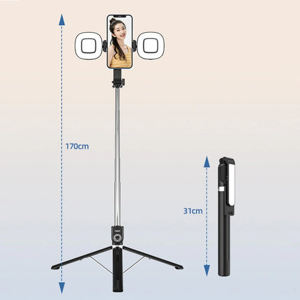 4 in 1 Phone Mount 1.7m Extendable live Tripod Selfie Stick Support LED Ring Dual Light Mirror Stand for iPhone 15 14 11 Android