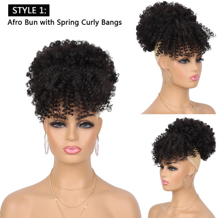 Synthetic Afro Puff Drawstring Ponytail with Short Kinky Curly Bun with 2 Replaceable Bangs Pineapple Updo Hair for Black Women