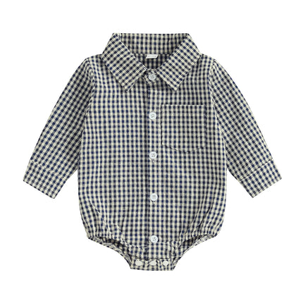 Pudcoco Baby Boys Plaid Romper Button-down Long Sleeve Lapel Neck Adorable Fall Jumpsuits