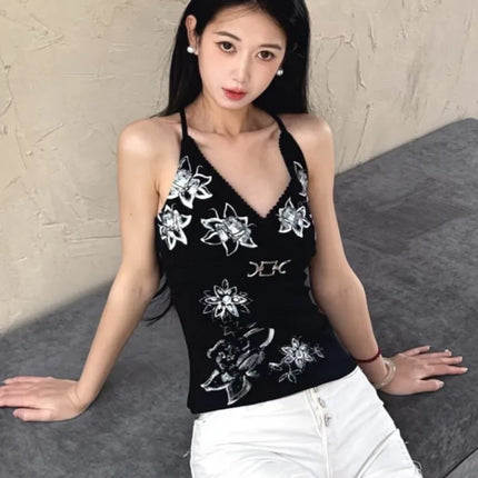 Sexy Streetwear Women Printing Tank Top Y2k Aesthetic Lace Patchwork Vintage Tanks Harajuku Bodycon Backless Camisole Summer