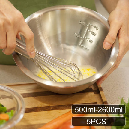5Pcs Salad Mixing Bowl Set Stainless Steel Multipurpose Soup Basin 5 Sizes Nesting Bowls for Kitchen Cooking Baking Food Storage