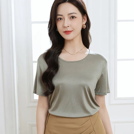 Summer High-End Women's Short Sleeve T-Shirt Acetate Fabric Knitted European Style Thin Hot Selling Top for Ladies