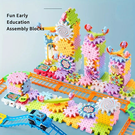 Electric Gear Building Toy Set Motorized Spinning Gears Set Gear Rail Car Big Building Blocks STEM Construction Toy Set