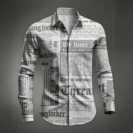 Men's Shirt Long Sleeved Shirt Newspaper Letter Print Retro Casual Single Breasted Shirt Street Style Trendy Men's Top XS-6XL