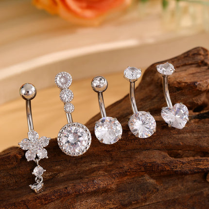 3-5pcs Mixed-Style Sets Heart Flower Dangle Belly Button Rings Stainless Steel Butterfly Curved Zircon Belly Piercing Navel Ring