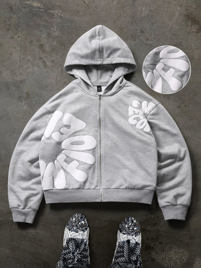 Men's Oversized Streetwear Zip Hoodie Brand 3D Puff Print Letter Graphic Polyester Gray Multi Color Hoodie S-2XL All Size 1Pc