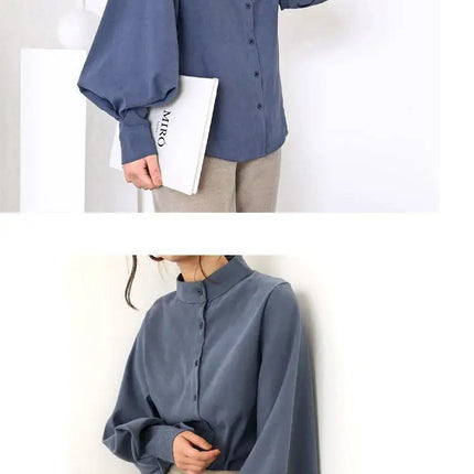 Spring Fashion Women Solid Stand Collar Casual Elegant Fashion Women's Top Clothing Blouse Shirt Lantern Long Sleeve Women's Shirts