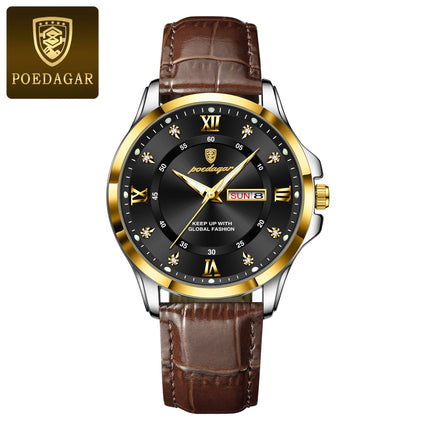 POEDAGAR Original Luxury Male Wristwatch Waterproof Luminous Date Week Men Watch High Quality Leather Quartz Men's Watches Reloj