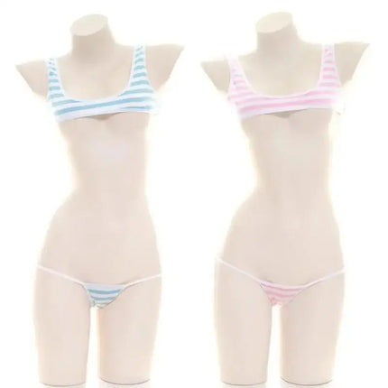 2025 Blue White Stripe Bikini Swimsuit Striped Halter Micro Bikini Set Lolita Kawaii Swimsuit Backless String Tied Bathing Suit
