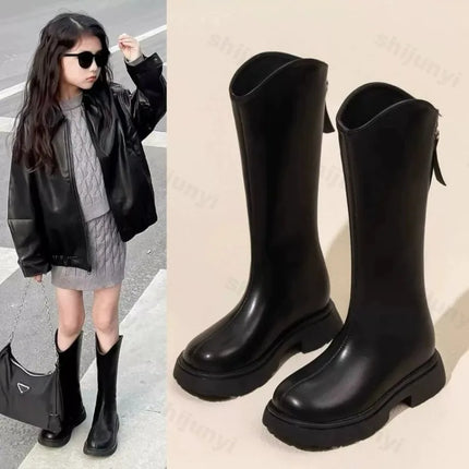 Children Knee Length Boots New 2025 Autumn Student Girls Princess Boots Kids Zipper Comfortable Non Slip Solid Color Long Boots