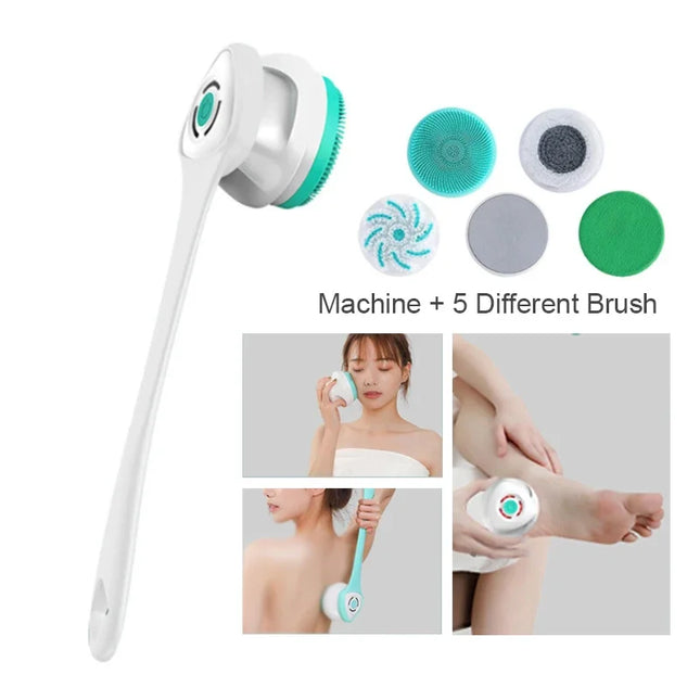 5-in-1 Electric Shower Cleaning Brush Set Rechargeable Long Handle Silicone Back Scrubber for Bath Body Cleaning & Massage