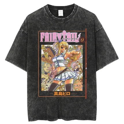 FAIRY TAIL Anime Manga Peripherals T-shirt Natsu Lucy Happy Gray Graphic Print Washed Vintage Short Sleeve Men Women Cotton Tee