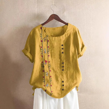 Retro Cotton Linen Short Sleeve Embroidered Flower Women's T-shirt Wish Brand Crew Neck plus Size Shirt from Mainland China