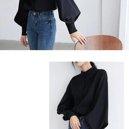 Spring Fashion Women Solid Stand Collar Casual Elegant Fashion Women's Top Clothing Blouse Shirt Lantern Long Sleeve Women's Shirts
