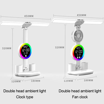 LED Table Lamp with Fan And Clock Display Reading Desk Light for Study Night Light Adjustable Brightness