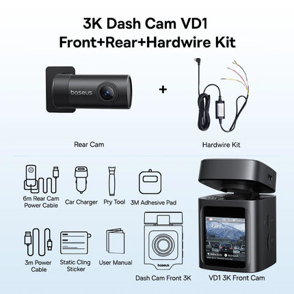 Baseus 3K Dash Cam VD1 Front and Rear Cam HD Built-in GPS Galileo Supercapacitor Car DVR Car Camera Recorder Support 24H Parking