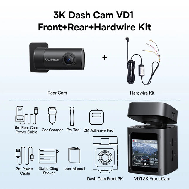 Baseus 3K Dash Cam VD1 Front and Rear Cam HD Built-in GPS Galileo Supercapacitor Car DVR Car Camera Recorder Support 24H Parking