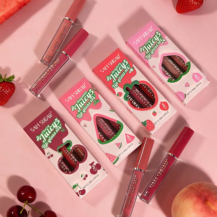 Fruit Cherry Strawberry Liquid Lipstick Makeup Kit Non Stick Cup Colorfast Long Lasting Velvet Matte Peach Lip Gloss Set 3pc/set