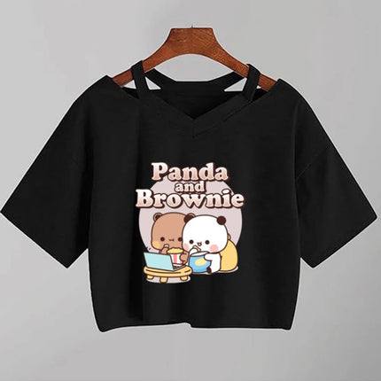 Kawaii Bubu Dudu Anime T Shirt Women Cartoon Panda Bear  Black Shirt Y2k  Aesthetic Female Crop Top