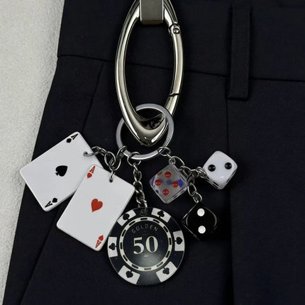 Handmade Style Casino Keychain with Dice Poker Chip Cigarette Charm Keyring for Men Streetwear Gift