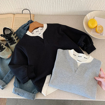 Children Sweater 2025 Autumn Spring Sweatshirts for Kids Boys Fake 2pcs Jumper Baby Casual Tops Girls Pullovers Toddler Clothes