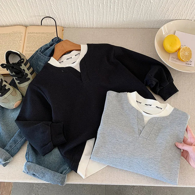 Children Sweater 2025 Autumn Spring Sweatshirts for Kids Boys Fake 2pcs Jumper Baby Casual Tops Girls Pullovers Toddler Clothes