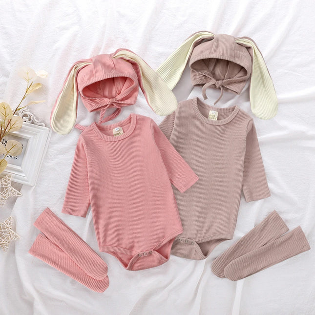 2026 Newborn Baby Rabbit Romper Clothes 3 Pcs Solid Ear Hat Bodysuit Socks Casual Bunny Costume 0-24M Boy Girl Outfits