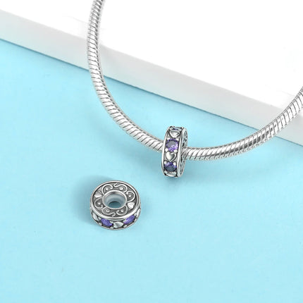 925 Sterling Silver Inlaid Heart-Shaped Beads & Rose Dangle Charm Fits Snake Bracelet Boutique Necklace Purple Pendant Gift