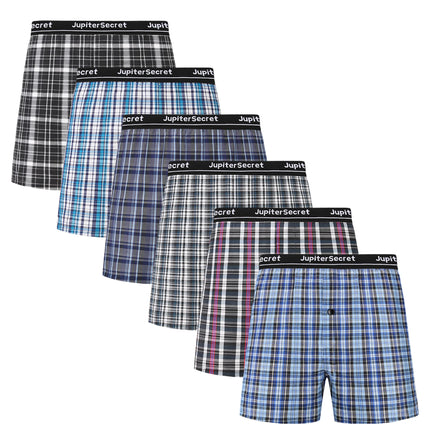 JupiterSecret 6 Pcs Boxer Shorts Casual Plaid Elastic Waistband Button Mens Boxer Underwear Woven Shorts For Home Random Color