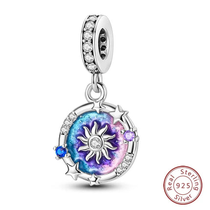 100% 925 Sterling Silver Blue Round Crystal Life Tree Angel Star Moon Pendants Charms Fit 925 Original Bracelets DIY Jewelry