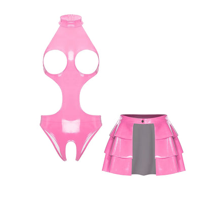 Womens Wet Look PU Leather Lingerie Set Push-up Underwire Cutout Short Sleeve Crop Top with Built-in Thongs Miniskirt Clubwear