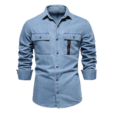 New Style Men's Casual Solid Color 100% Cotton Long-Sleeve Washed Denim Shirt for Spring and Autumn, European Size