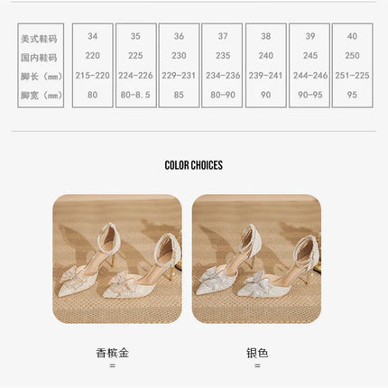 Spring Pointed Toe Party Wedding Shoes for Women, Bride Bow Thick Heel Silver Sequin Fairy Lolita Style Single Shoes
