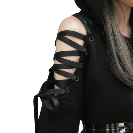 Women Autumn Teen Girls Crop Hoodie Long Sleeve Cold Shoulder Cute Cat Ear Pullovers Hooded Sweatshirt Tops Y2K E-Girls Clothes